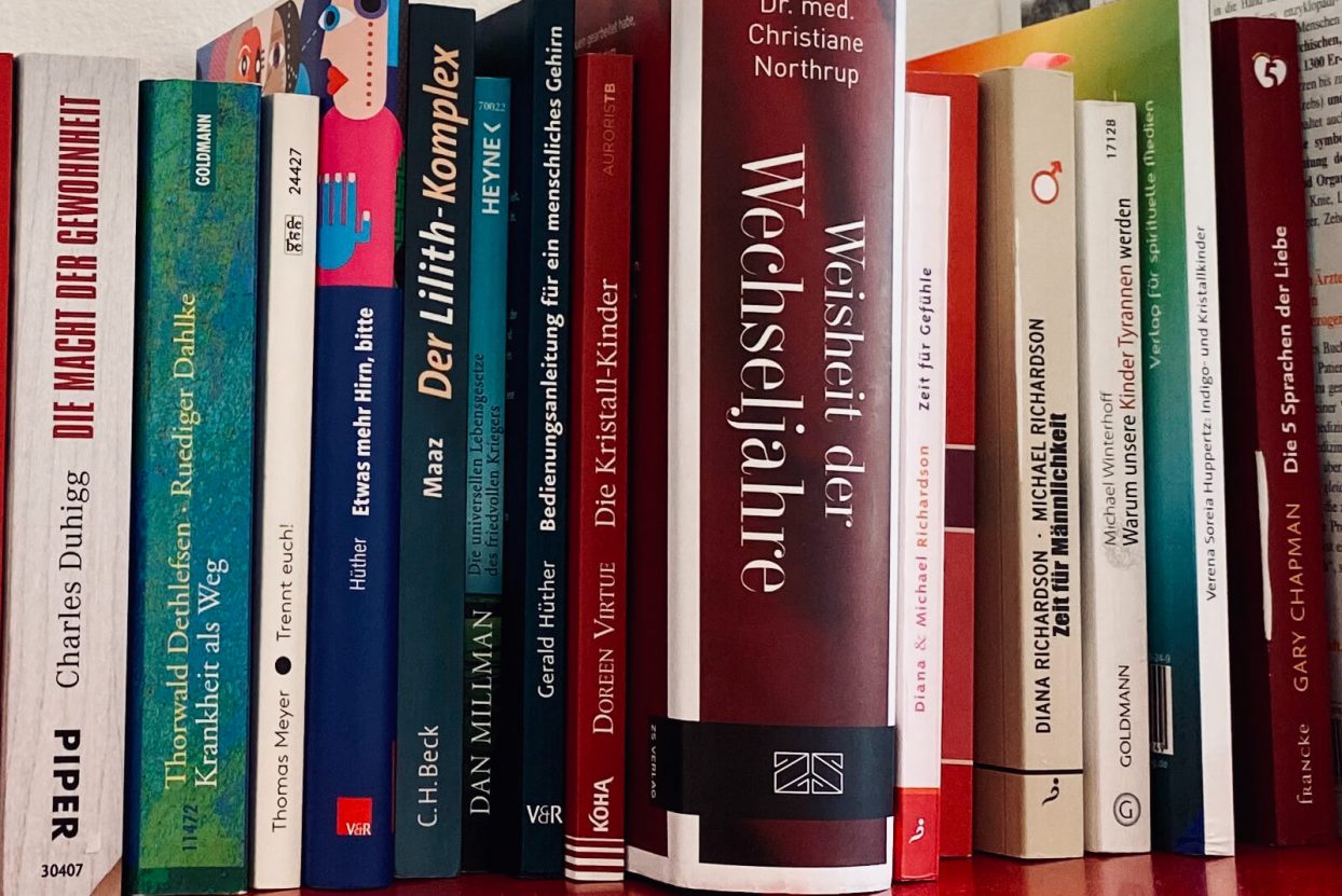 Bücherregal in der Praxis von Greenbrain. Auswahl an verschiedenster Literatur.